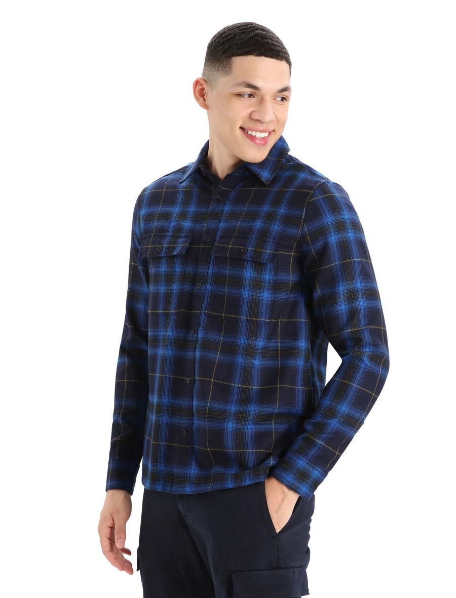 Midnight Navy Icebreaker Merino Dawnder Long Sleeve Flannel Shirt Plaid Men\'s Hoodie | AU 1255OKIR